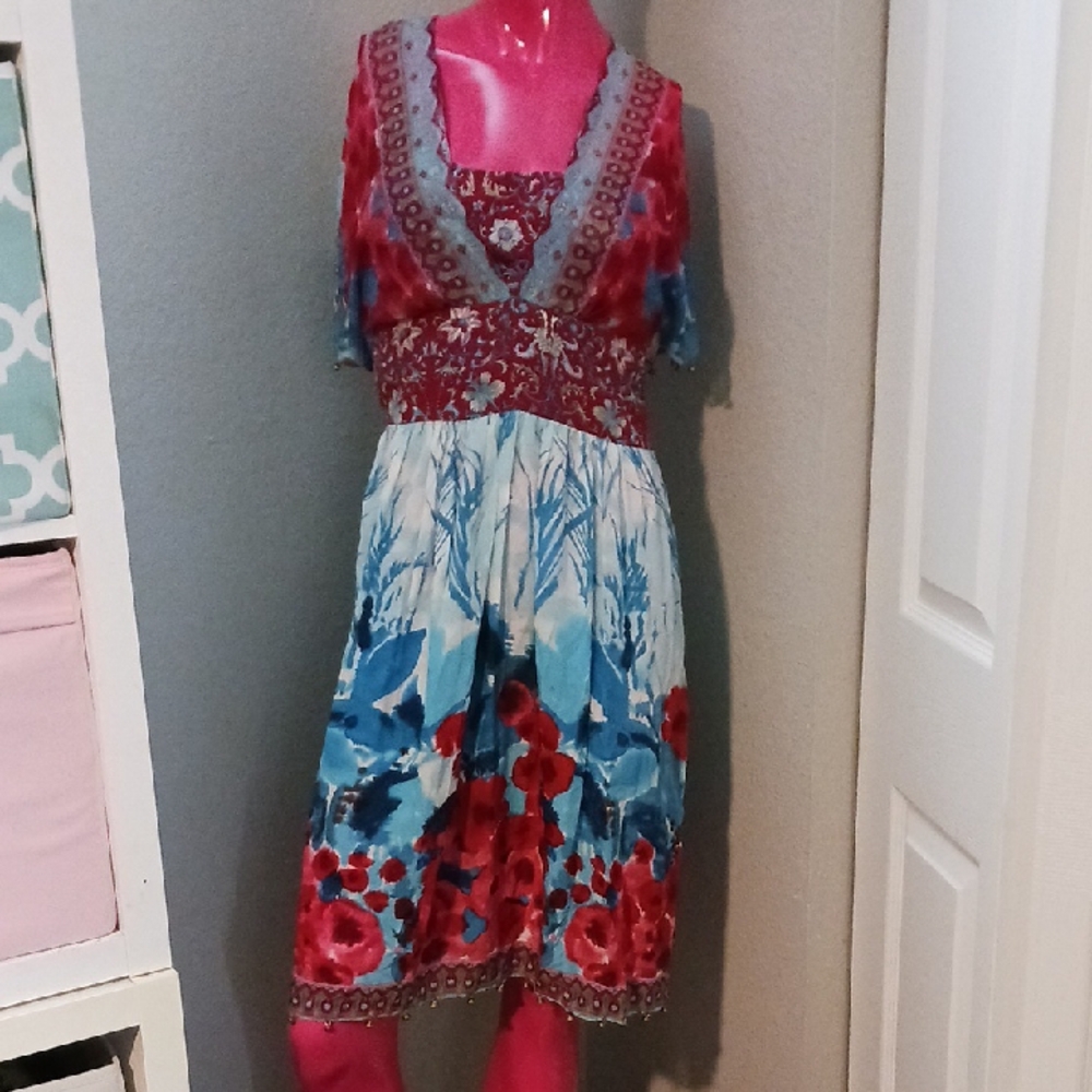 Plenty by Tracy Reese Vibrant Red and Blue Dress. Missing A Brass Bell.